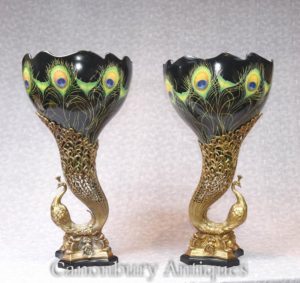 Pair Art Nouveau Фарфоровые павлинские вазы Урны птиц