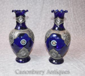 Пара Cobalt Loetz Glass Австрийские вазы Урны с серебряными подставками