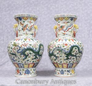 Пара Китайские цианлунские фарфоровые вазы Драконские урны Керамические Китай