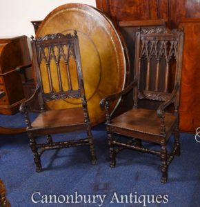 Pair Oak Gothic Arm Chairs Мебель для дома