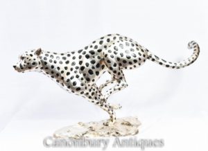 Серебряная бронза Запуск гепарда Cat Статуя Ар-деко Пантера