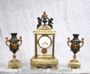 Антикварная Империя Onyx Позолоченные часы Set Timepiece Cherub Garniture