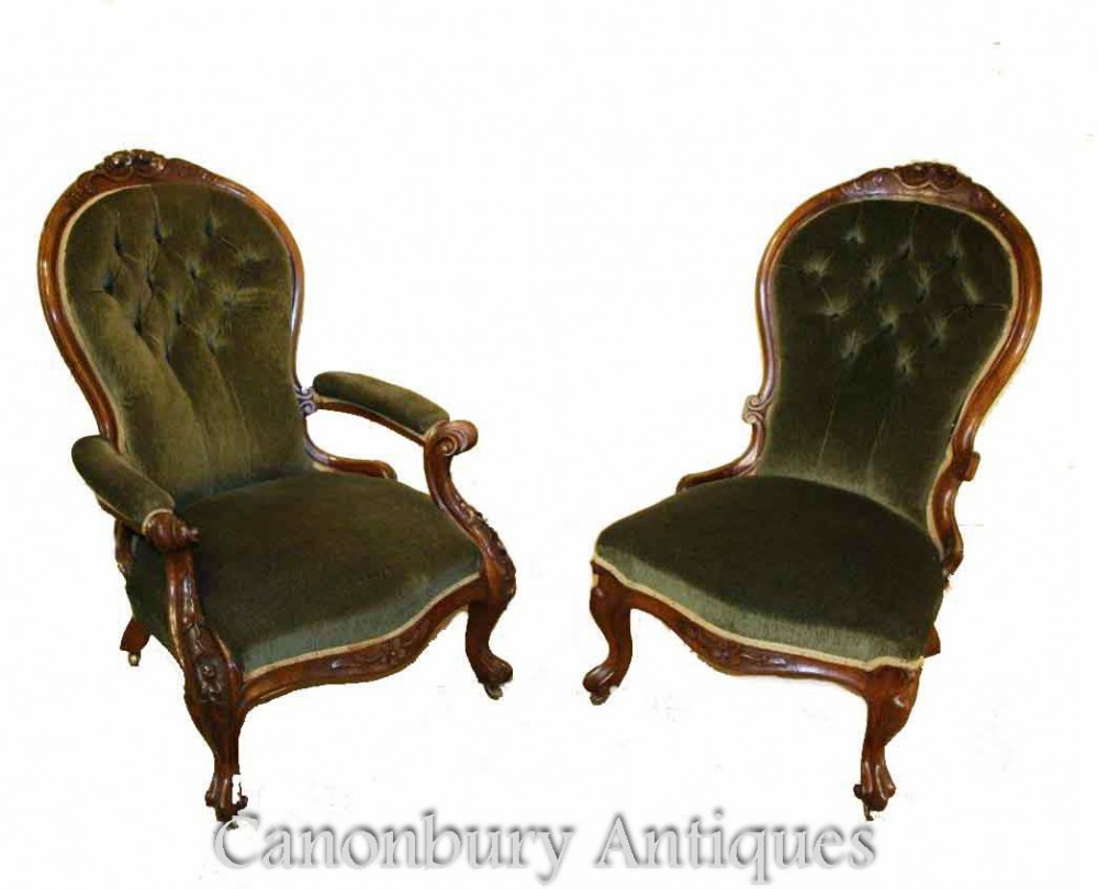 Пара бархатных стульев для его и ее в викторианском стиле - салонный стул Antique 1880