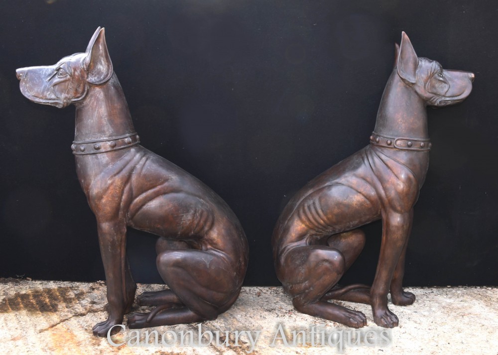 Пара больших бронзовых собак-боксеров привратников - Садовая статуя в натуральную величину Собачий кастинг