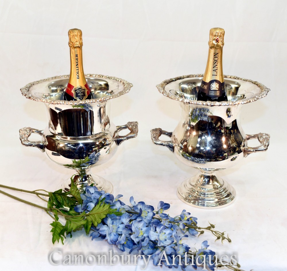 Пара серебряных тарелок урн - эдвардианские холодильники для шампанского