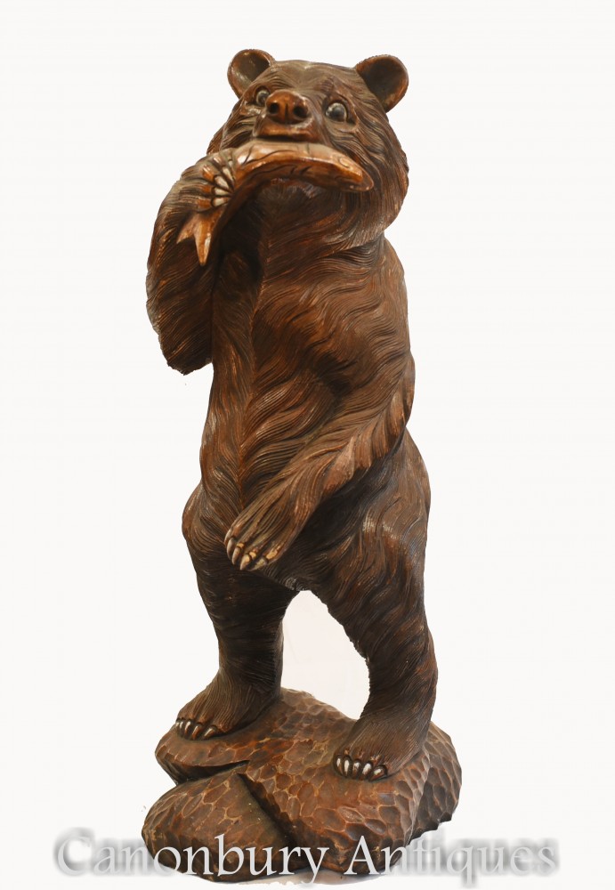 Резная статуя медведя и лосося из Шварцвальда Коричневый американский охотничий домик