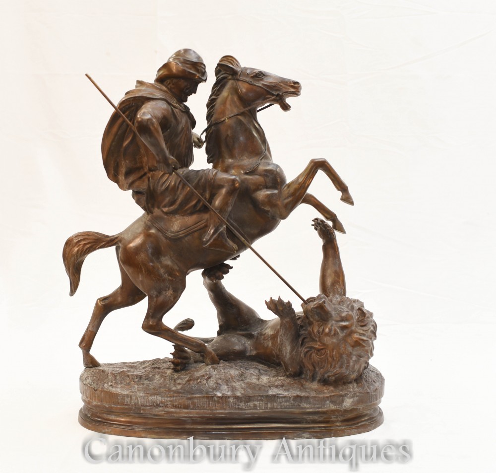 Французская бронзовая арабская лошадь, убивающая льва скульптурой Бари