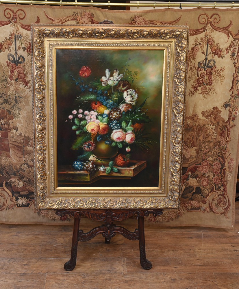 Викторианская картина маслом Натюрморт Цветочное искусство Позолоченная рамка